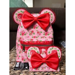 Loungefly Disney Minnie Mouse Pink & Red Roses Figural Mini Backpack & Wallet